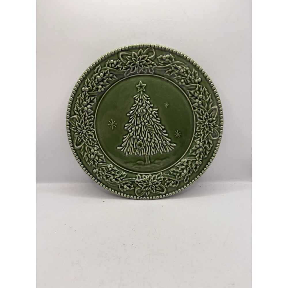 Cracker Barrel Christmas Tree Salad Plate Green Embossed 8.5” PEACE ON EARTH